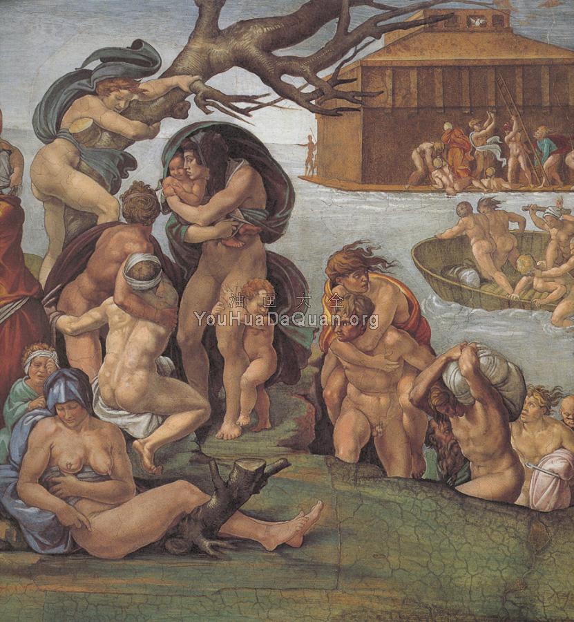 Ceiling of the Sistine Chapel, Genesis, Noah 7-9, The Flood, left view - 米开朗基罗